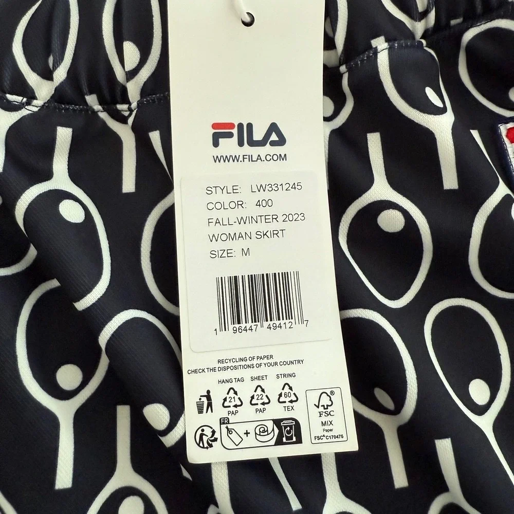 Fila Navy White Tennis‎ Racket Print Midi Skirt w/ Pockets Women's Medium NWT